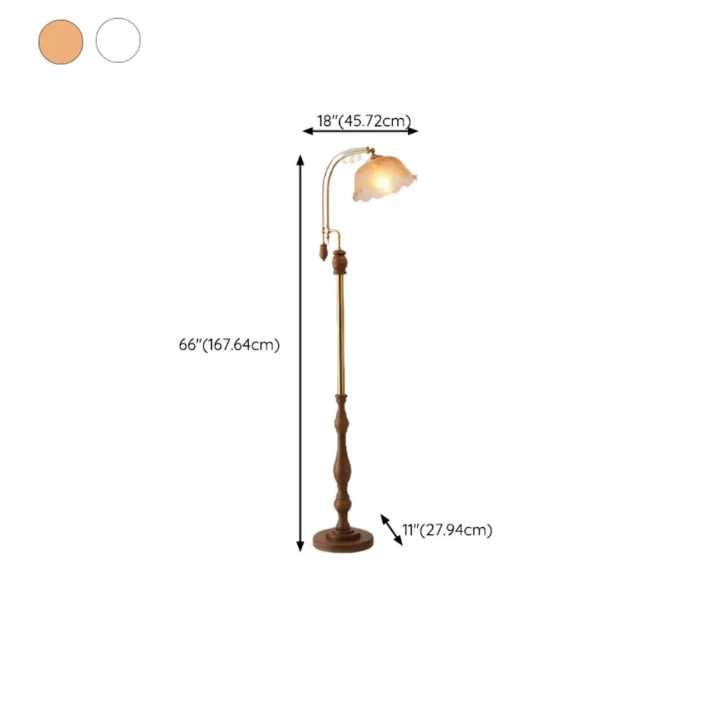 Lampadaire classique en noyer, verre, abat-jour floral et métal arqué