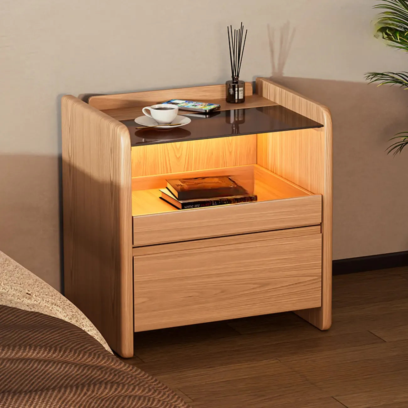 Table de chevet de rangement robuste en bois de cerisier avec éclairage intégré