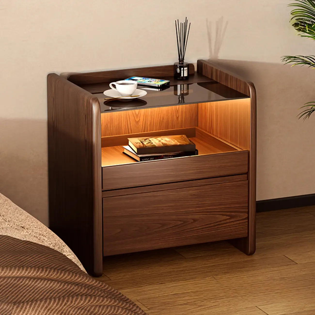 Table de chevet de rangement robuste en bois de cerisier avec éclairage intégré