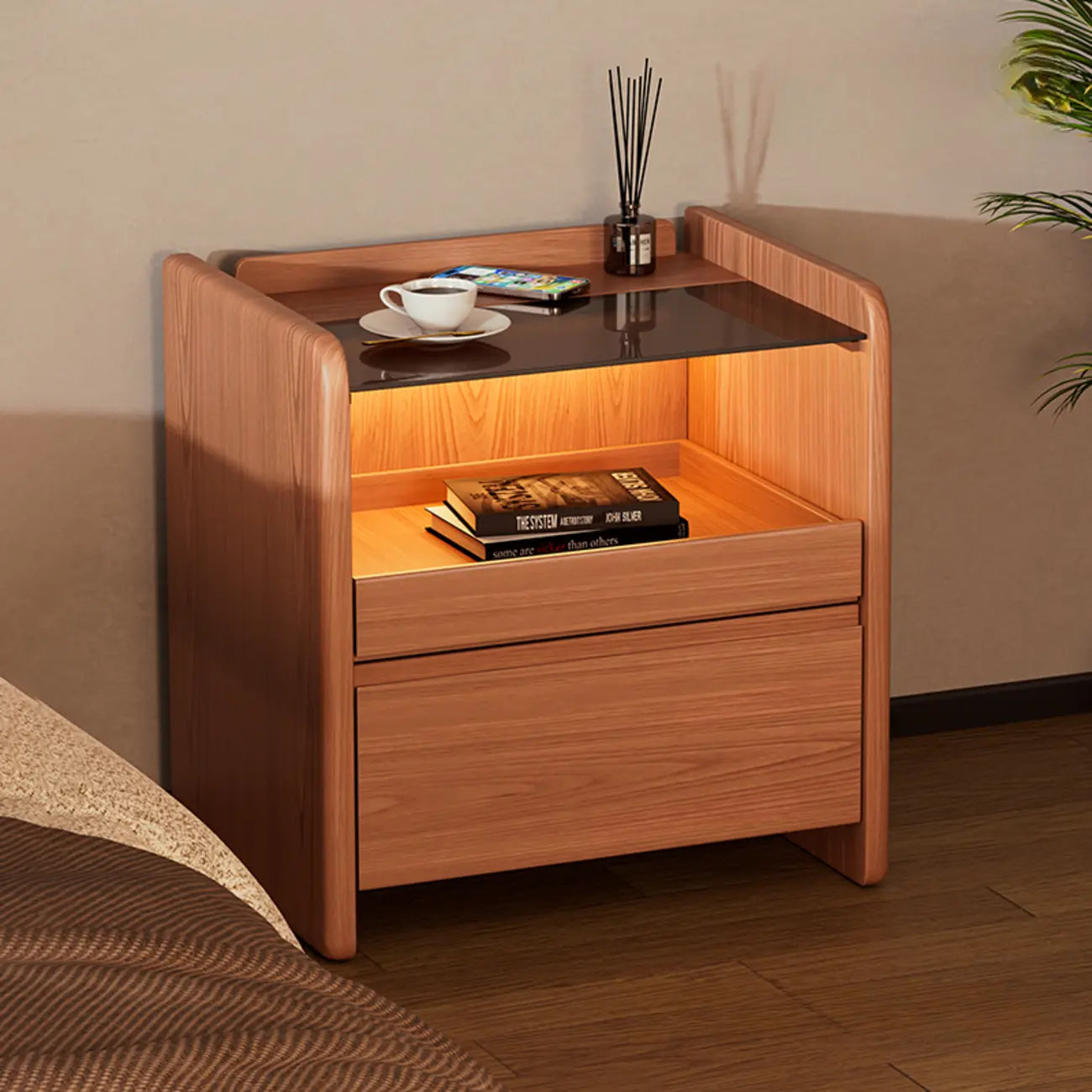 Table de chevet de rangement robuste en bois de cerisier avec éclairage intégré