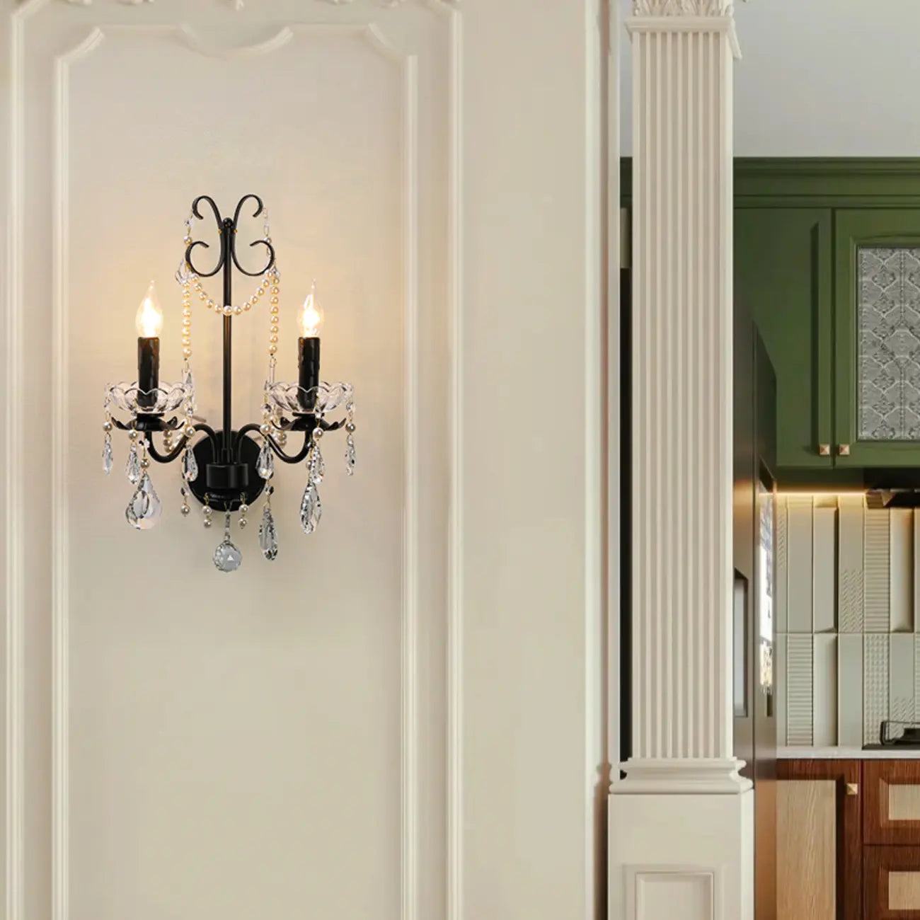 Applique murale moderne noire à 2 lumières de type candélabre avec cristal