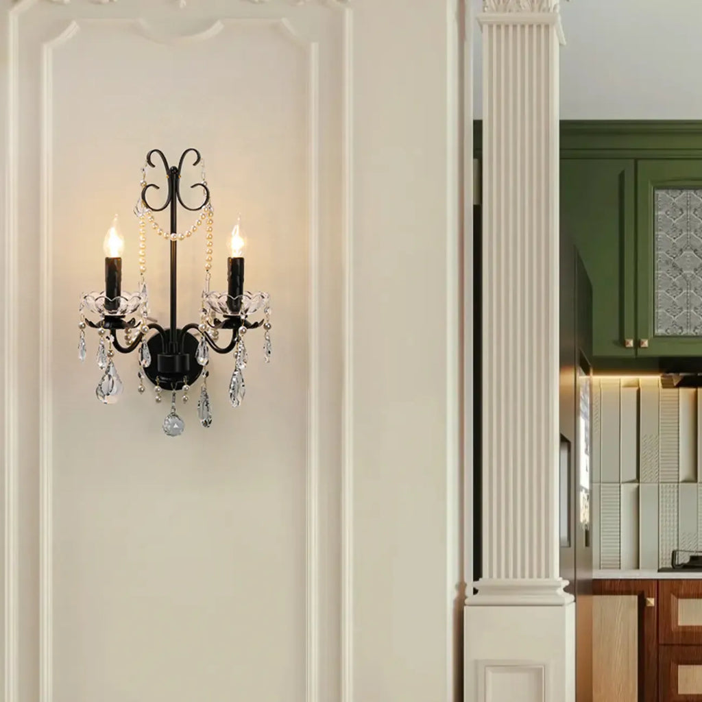 Applique murale moderne noire à 2 lumières de type candélabre avec cristal