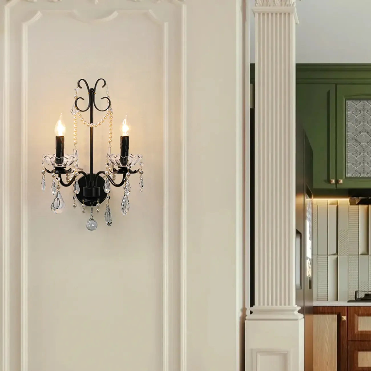 Applique murale moderne noire à 2 lumières de type candélabre avec cristal