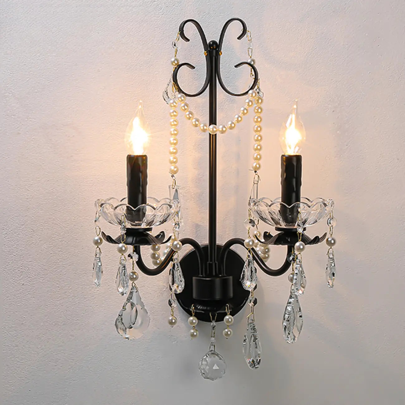 Applique murale moderne noire à 2 lumières de type candélabre avec cristal