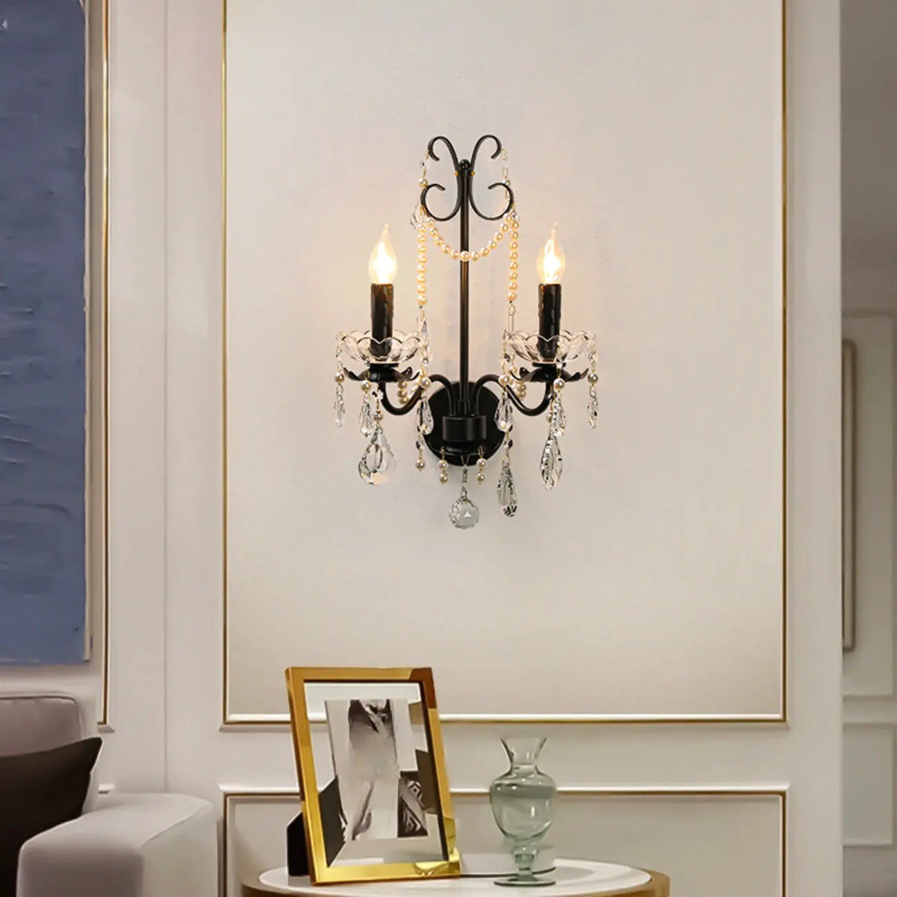 Applique murale moderne noire à 2 lumières de type candélabre avec cristal
