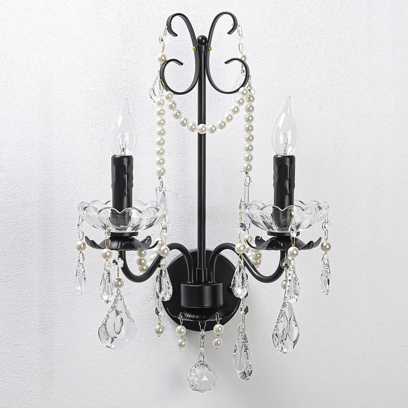 Applique murale moderne noire à 2 lumières de type candélabre avec cristal