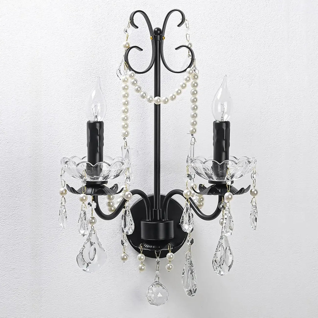Applique murale moderne noire à 2 lumières de type candélabre avec cristal