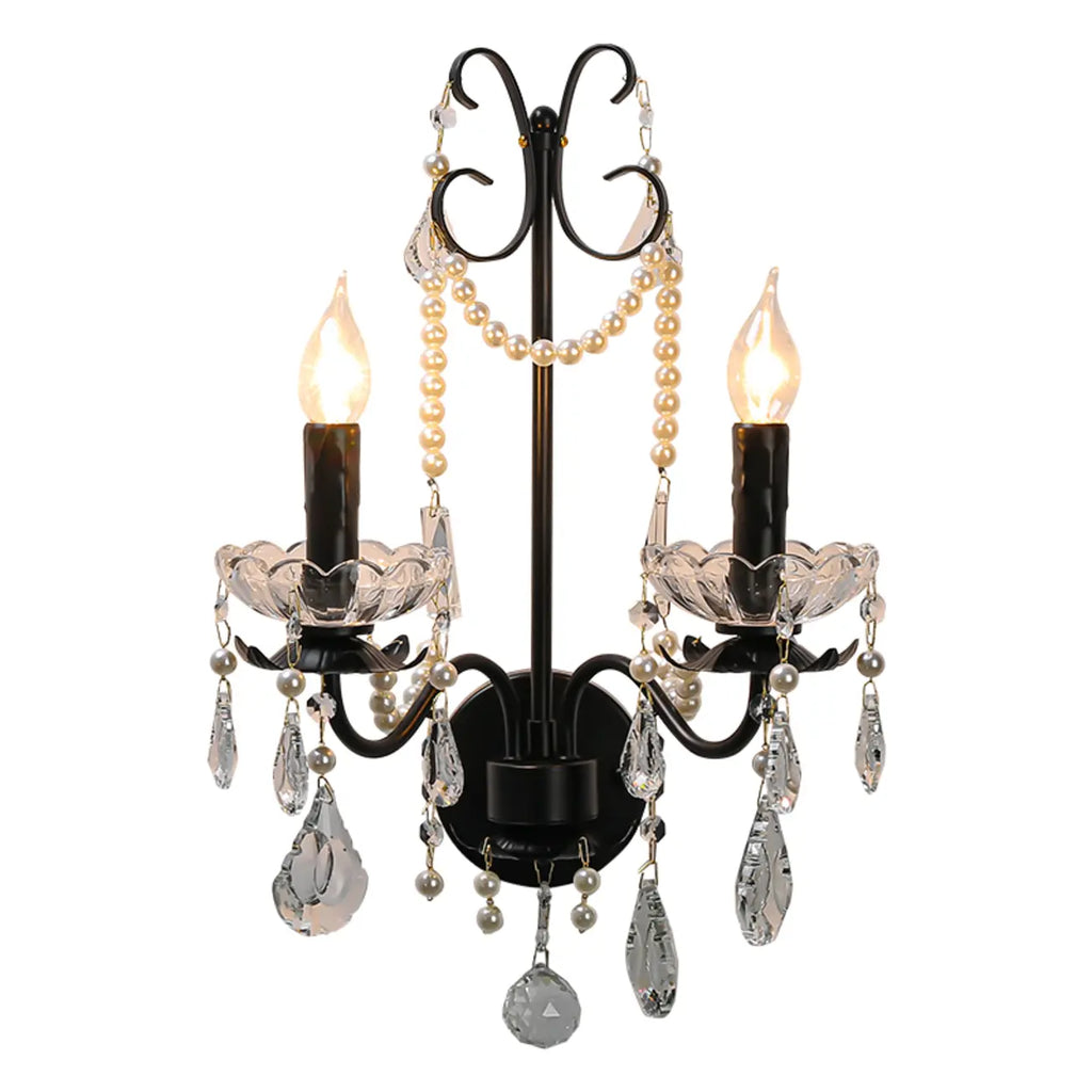 Applique murale moderne noire à 2 lumières de type candélabre avec cristal