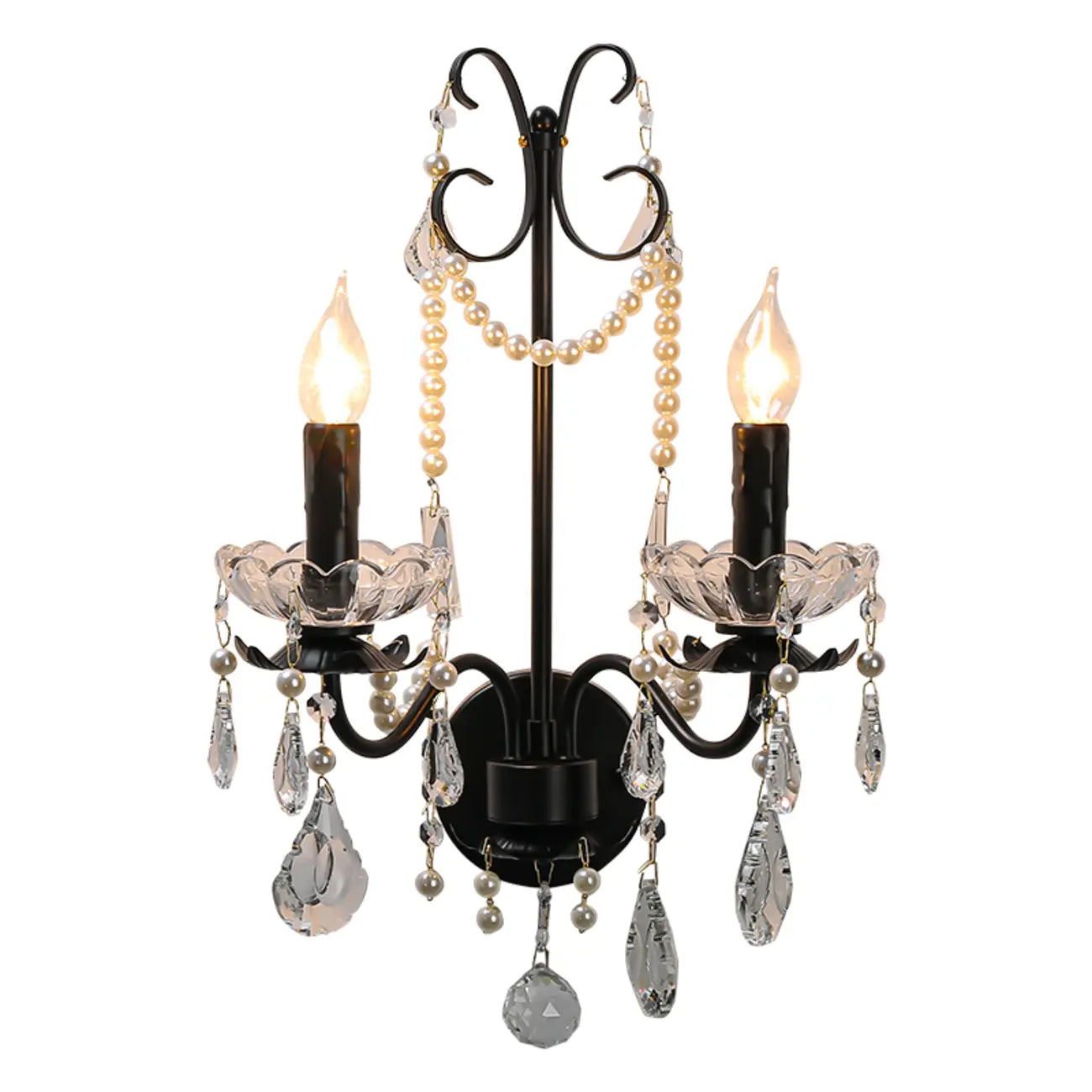 Applique murale moderne noire à 2 lumières de type candélabre avec cristal