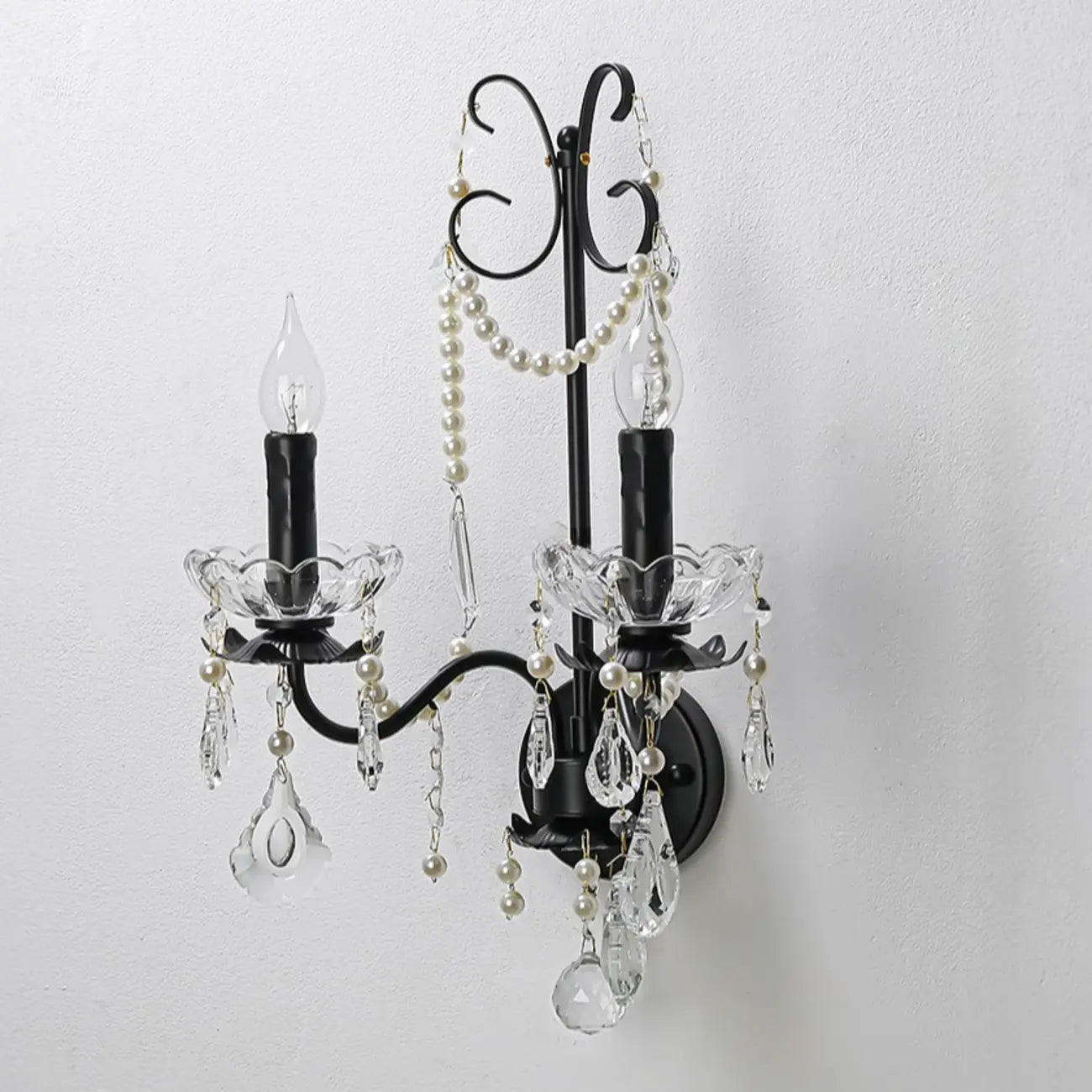 Applique murale moderne noire à 2 lumières de type candélabre avec cristal