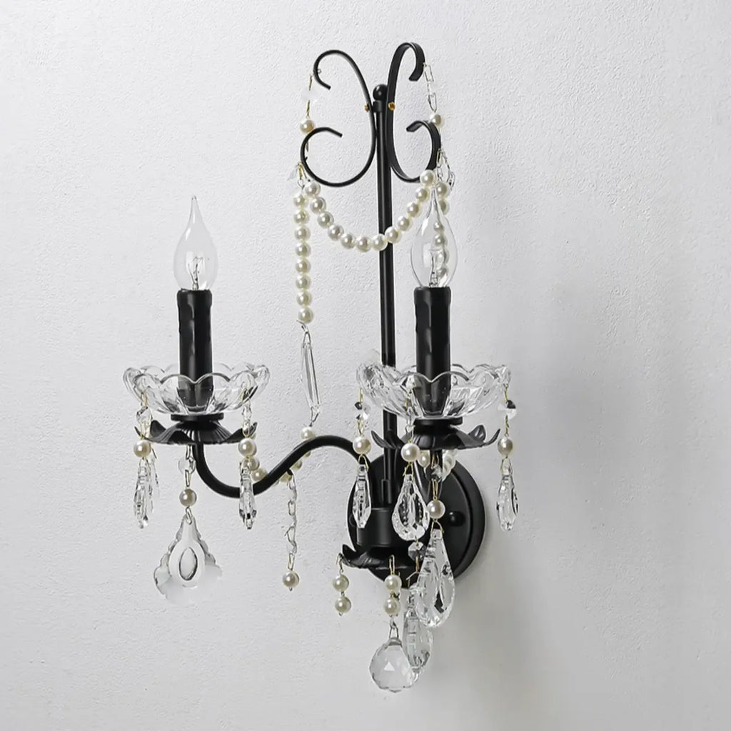 Applique murale moderne noire à 2 lumières de type candélabre avec cristal