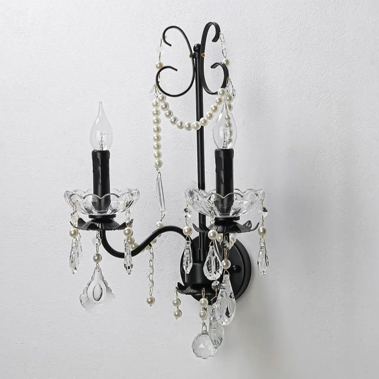 Applique murale moderne noire à 2 lumières de type candélabre avec cristal