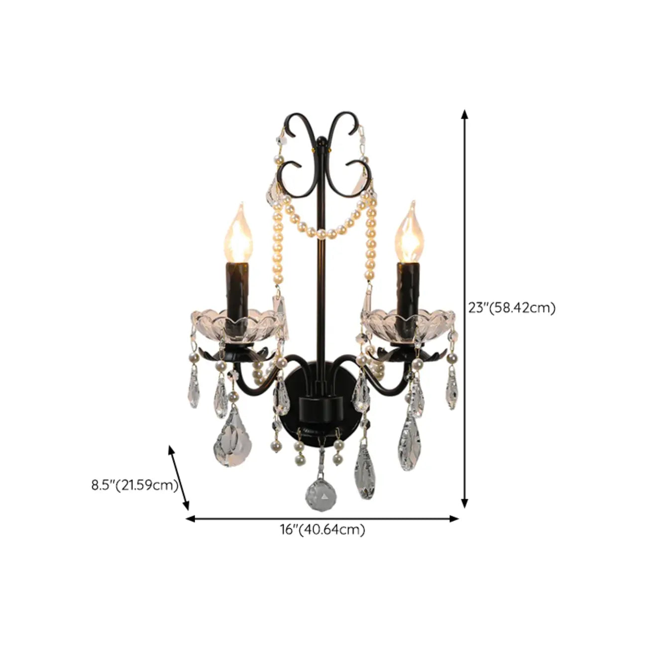Applique murale moderne noire à 2 lumières de type candélabre avec cristal