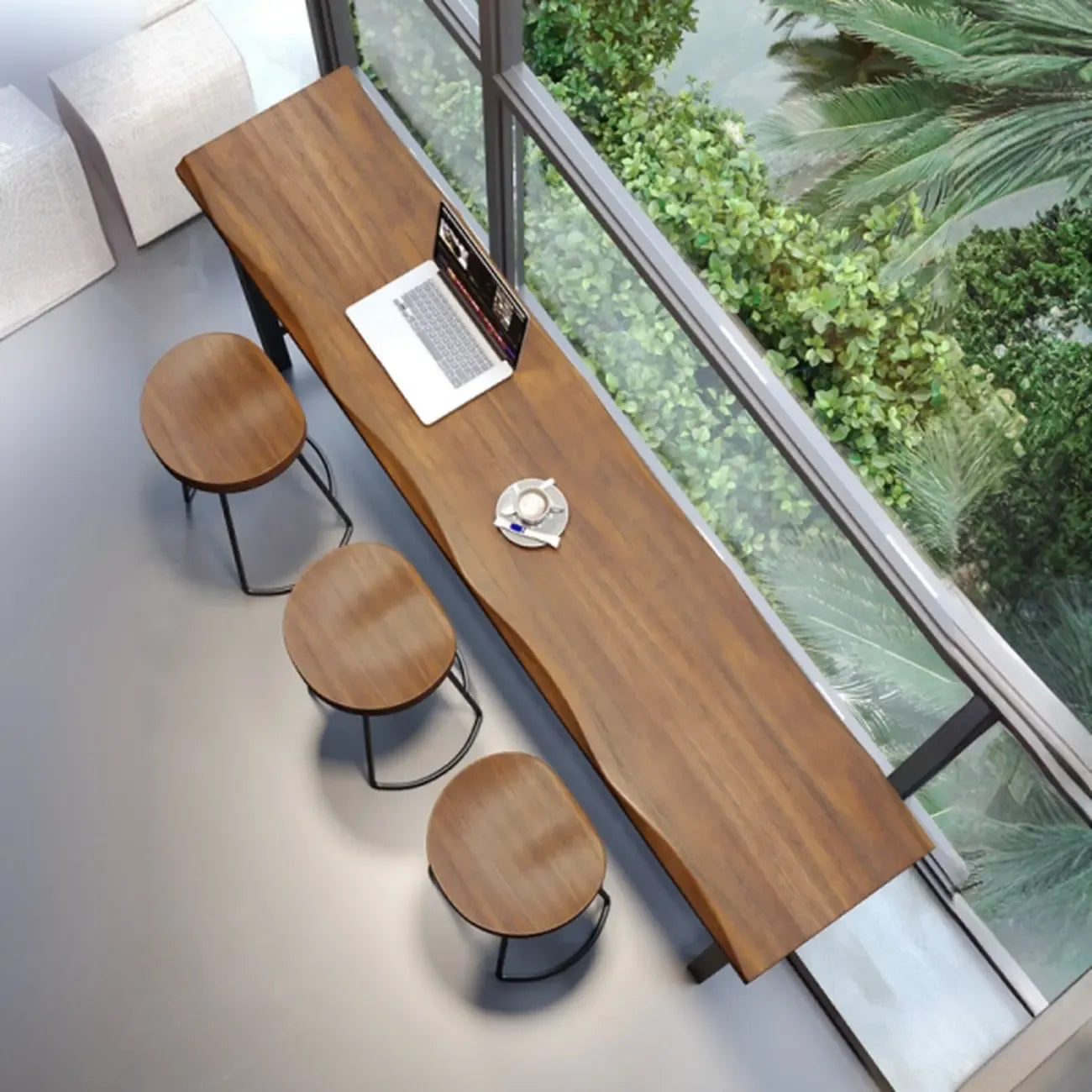 Tables de bar modernes en fer à tréteaux avec aspect bois brun