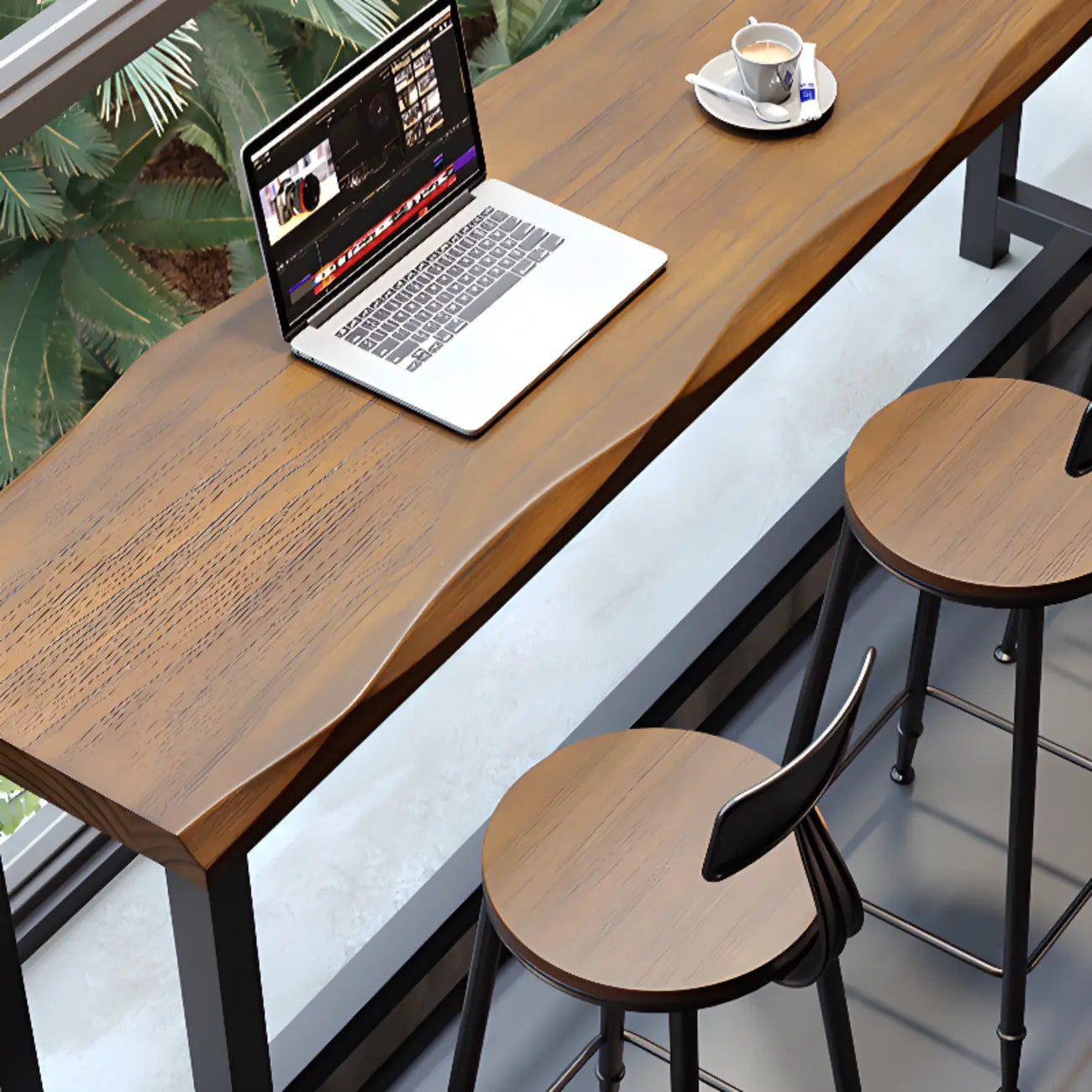 Tables de bar modernes en fer à tréteaux avec aspect bois brun