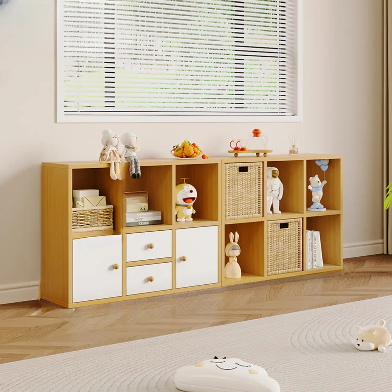 Bibliothèque cubique horizontale en bois brun noyer avec tiroirs