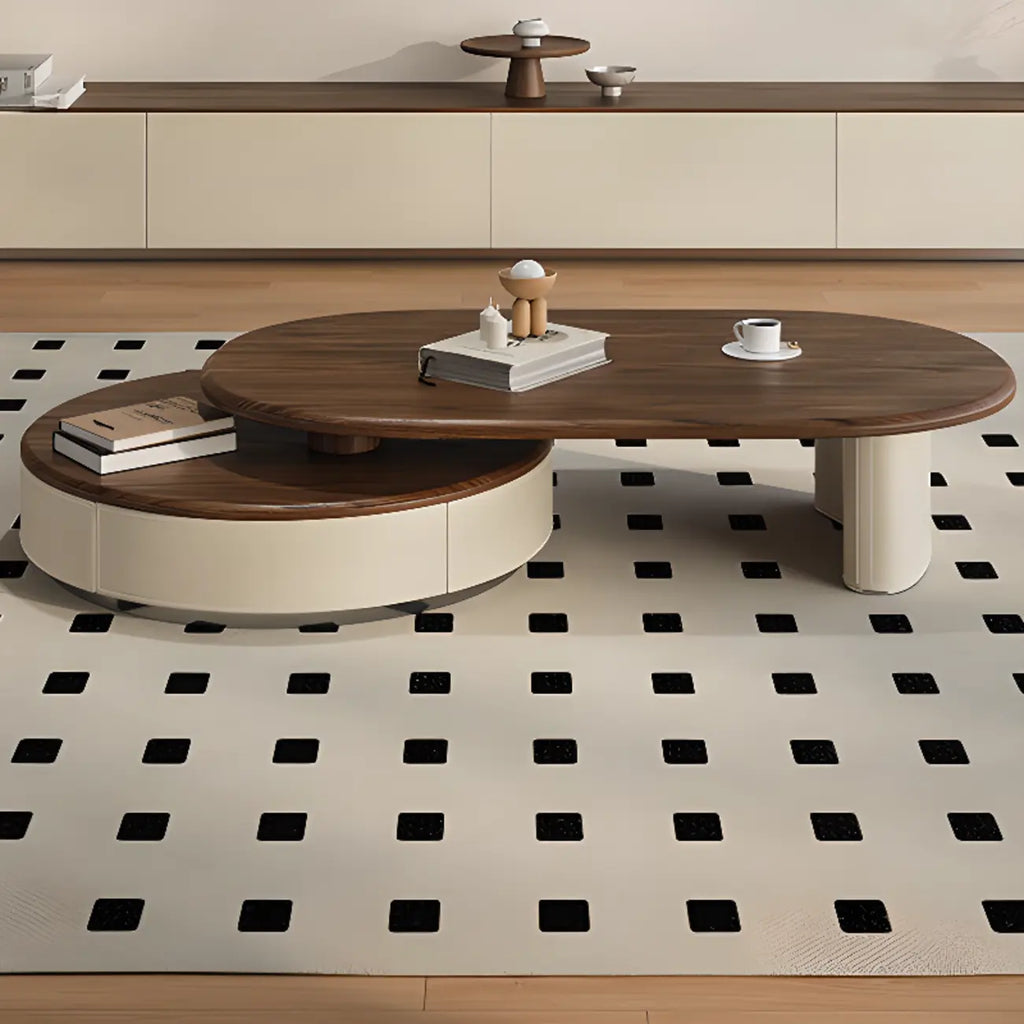 Table basse moderne Nest en bois marron beige avec tiroir arrondi