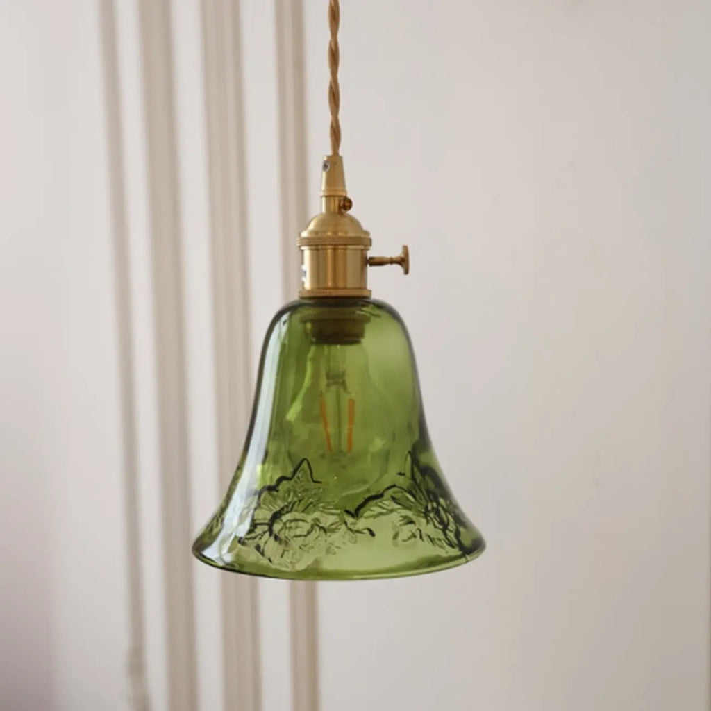 Mini suspension vintage en verre vert en forme de fleur, réglable.