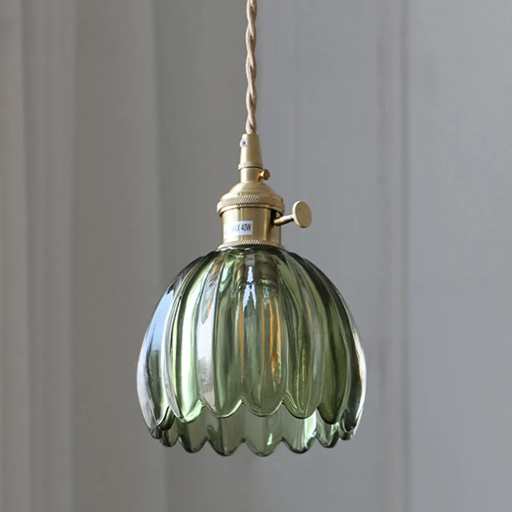 Mini suspension vintage en verre vert en forme de fleur, réglable.