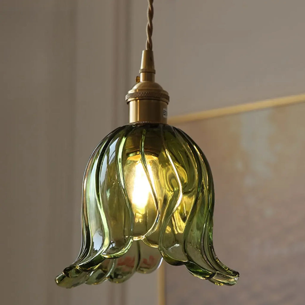 Mini suspension vintage en verre vert en forme de fleur, réglable.