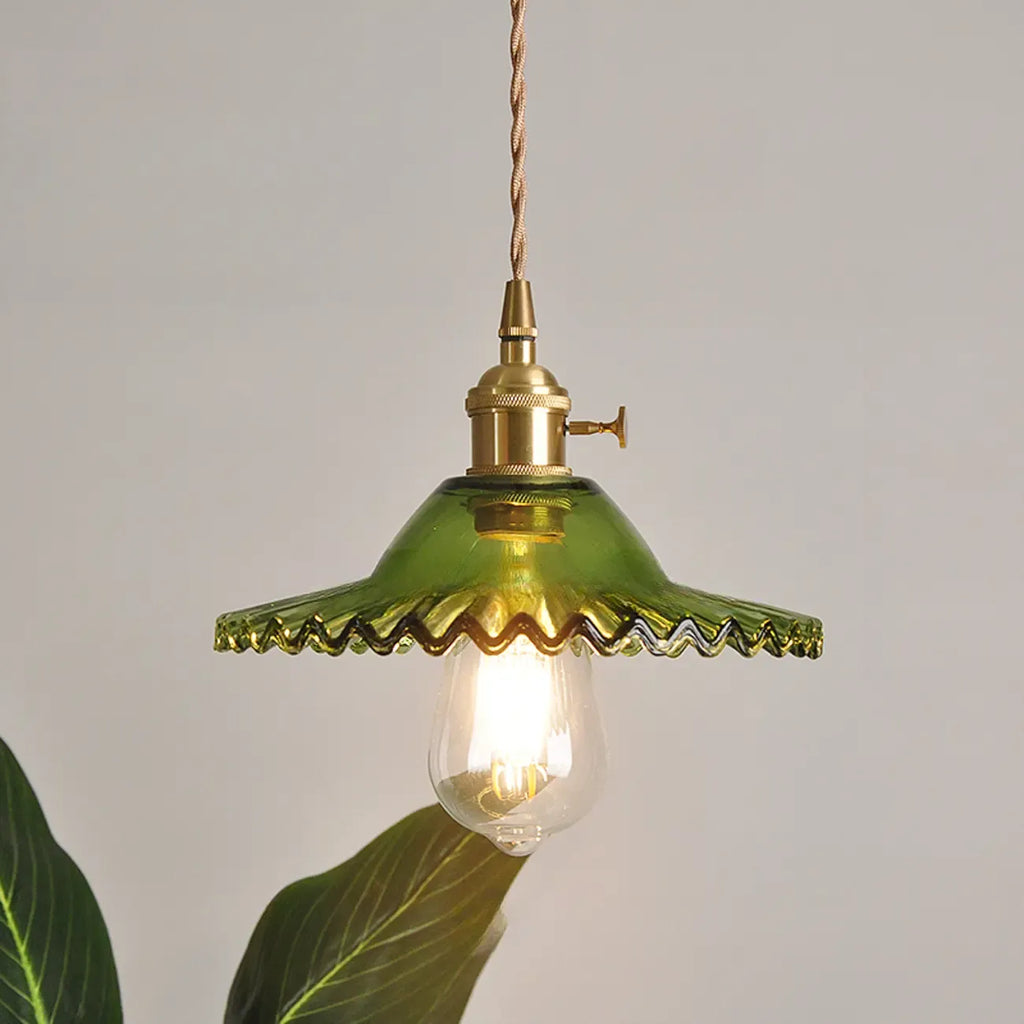 Mini suspension vintage en verre vert en forme de fleur, réglable.