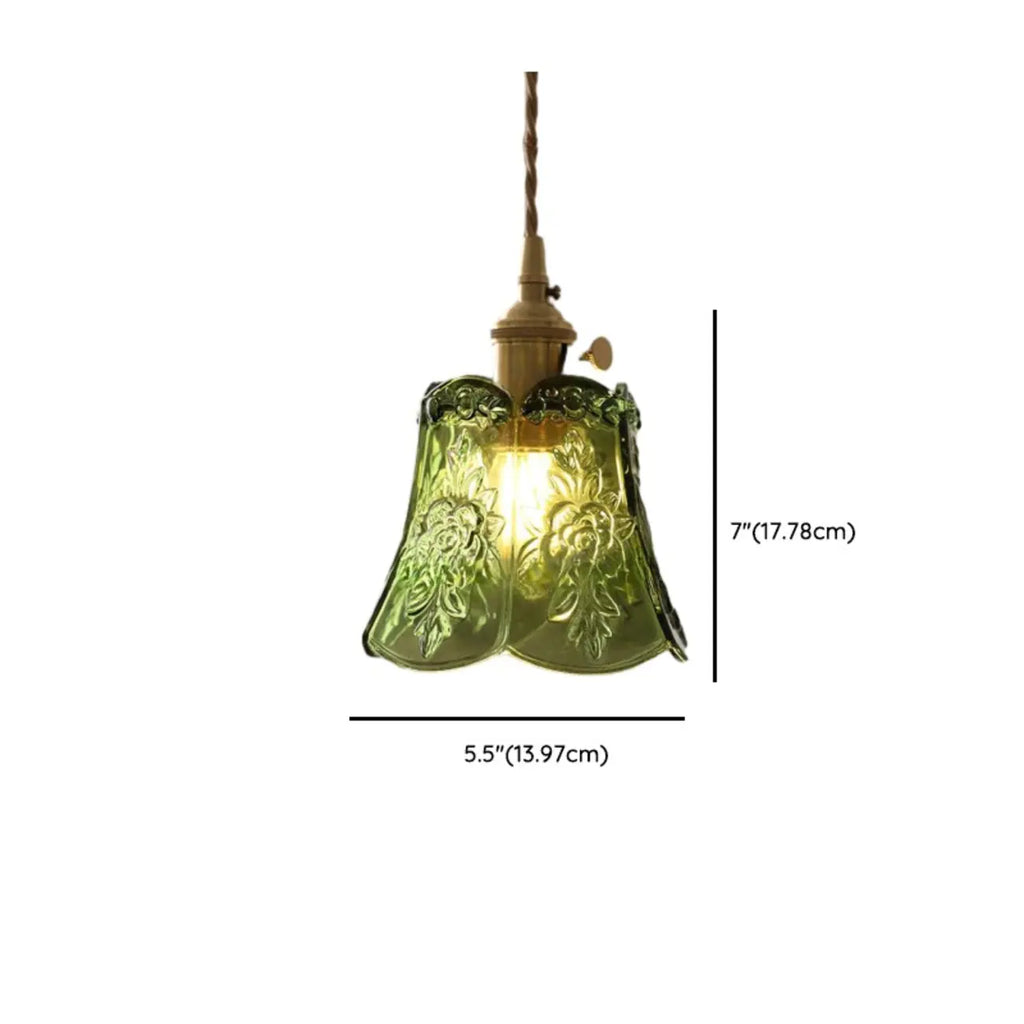 Mini suspension vintage en verre vert en forme de fleur, réglable.