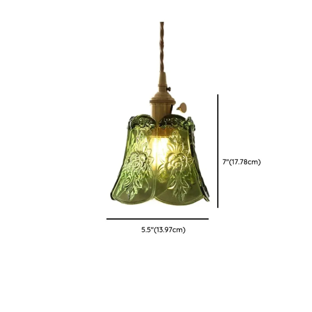 Mini suspension vintage en verre vert en forme de fleur, réglable.
