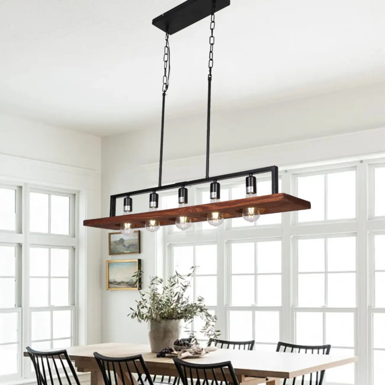 Suspension industrielle à 5 lumières en verre noir pour îlot de cuisine