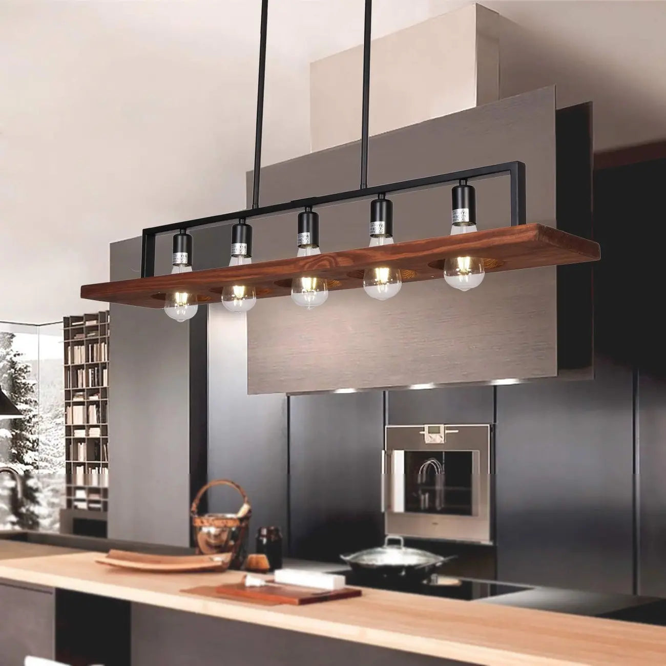 Suspension industrielle à 5 lumières en verre noir pour îlot de cuisine