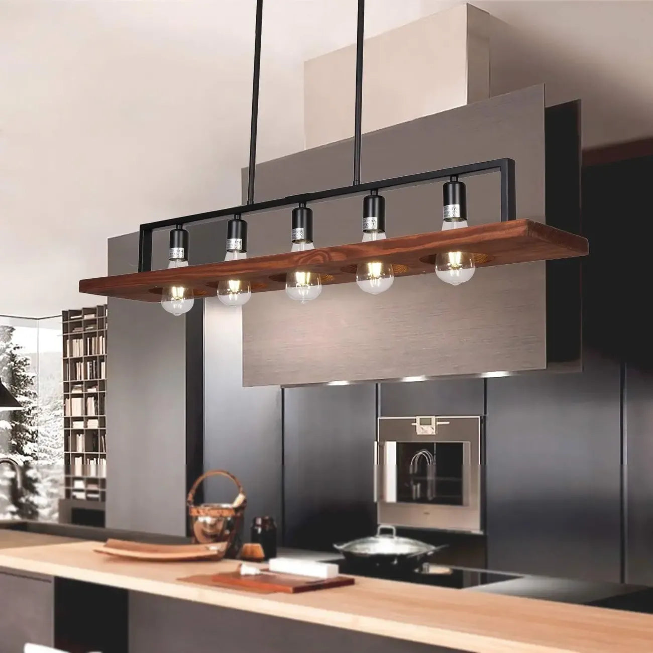 Suspension industrielle à 5 lumières en verre noir pour îlot de cuisine