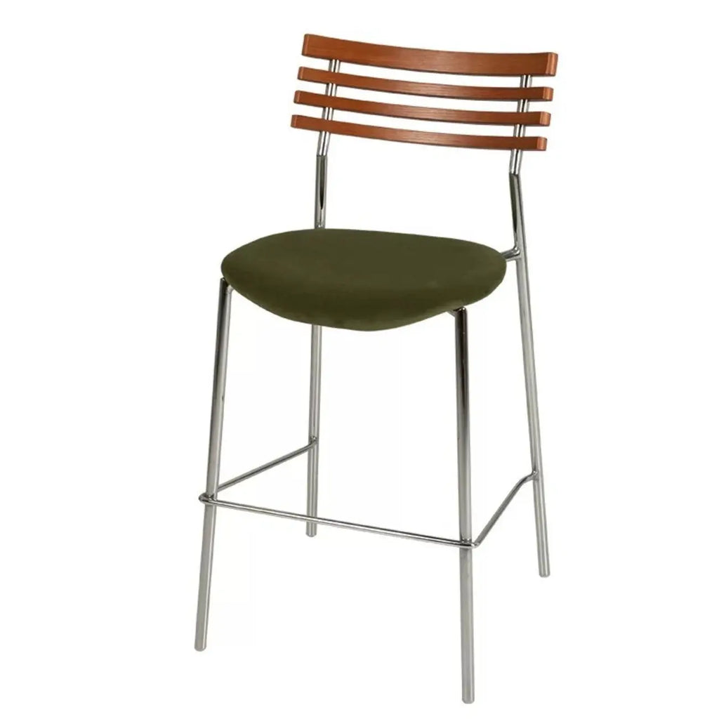 Tabourets de bar à assise en cuir vert et dossier en rotin