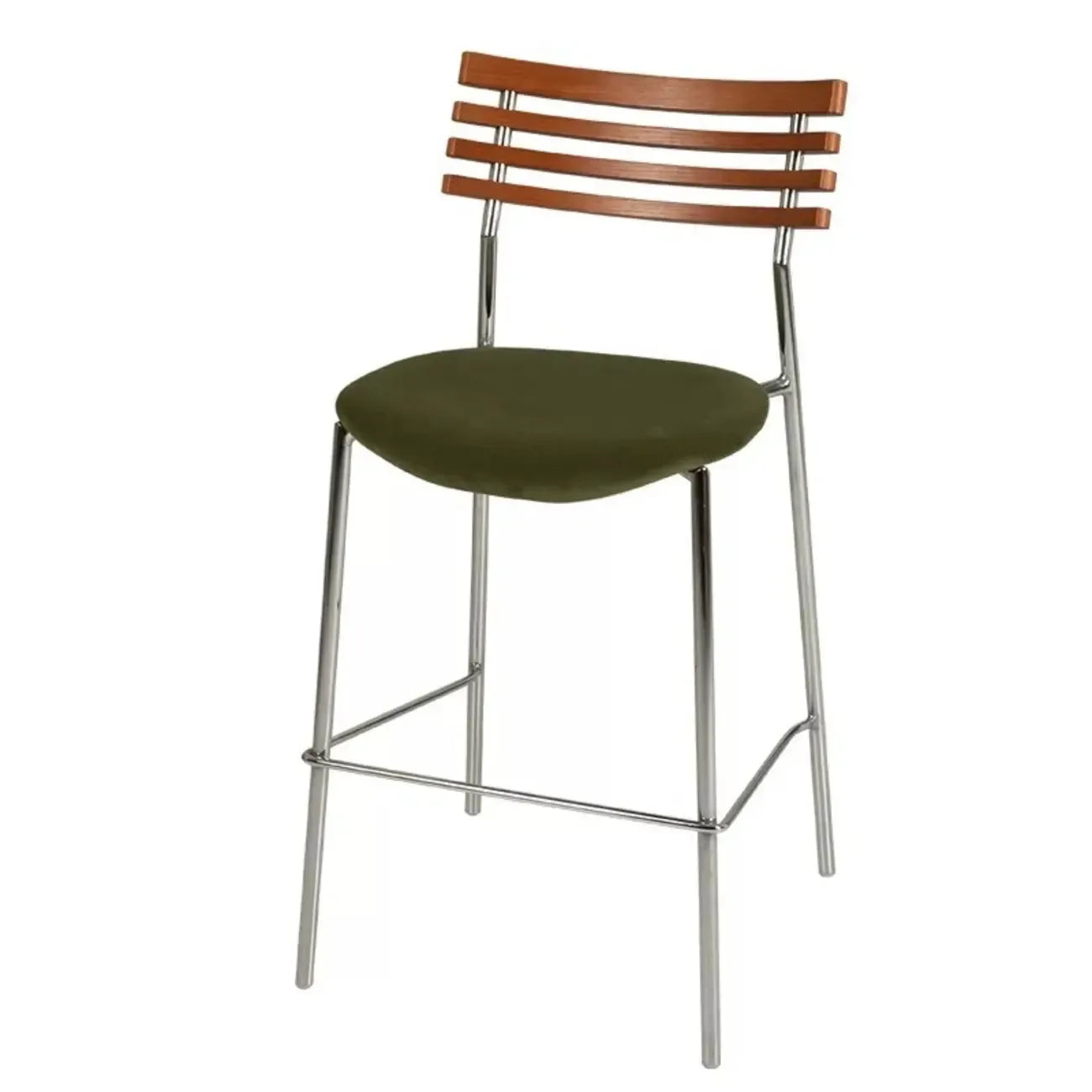 Tabourets de bar à assise en cuir vert et dossier en rotin