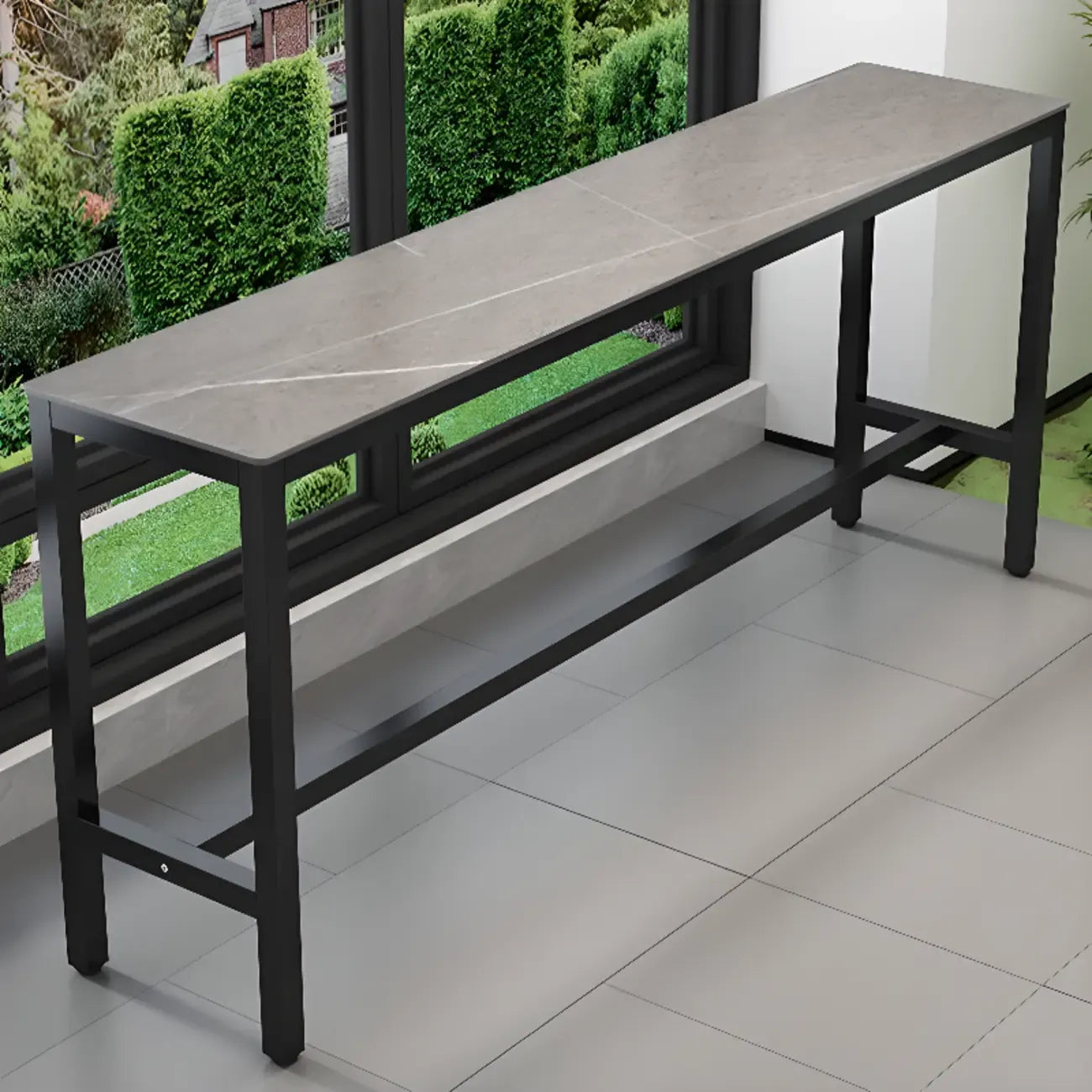 Tables de bar modernes avec plateau en pierre gris tourterelle et repose-pieds en acier