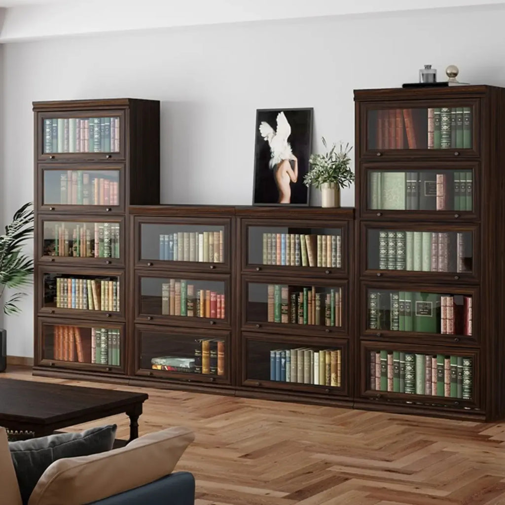 Coffre de rangement moderne du milieu du siècle en bois brun et vitres