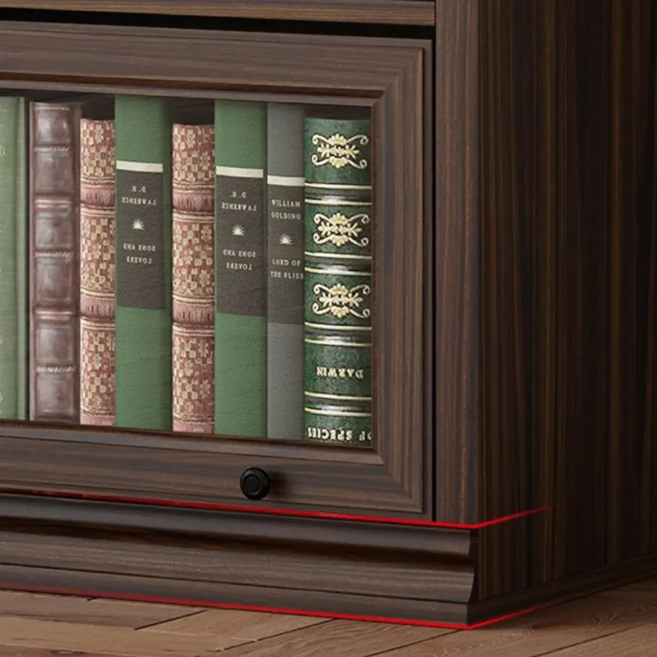 Coffre de rangement moderne du milieu du siècle en bois brun et vitres