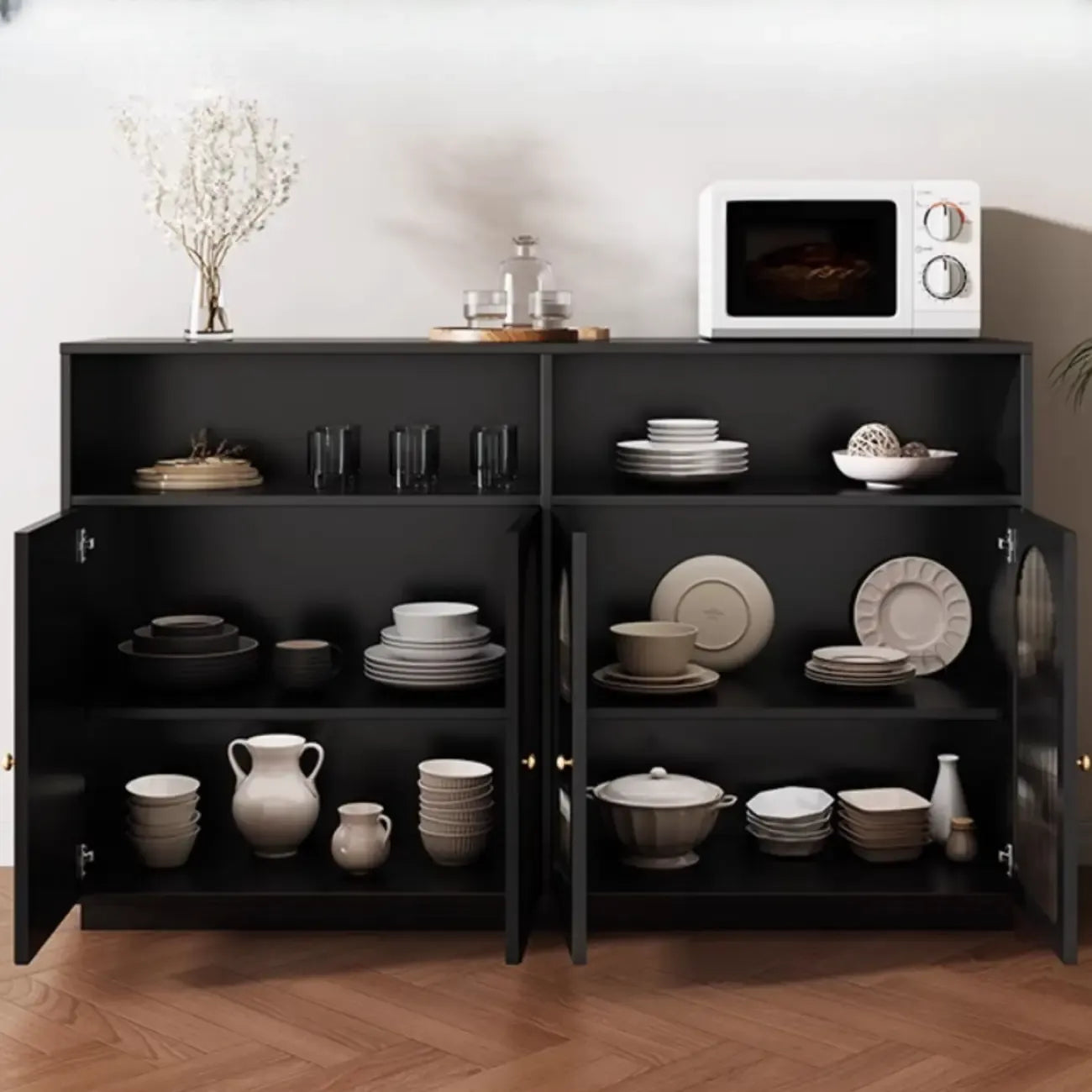 Buffet en bois noir minuit avec portes vitrées