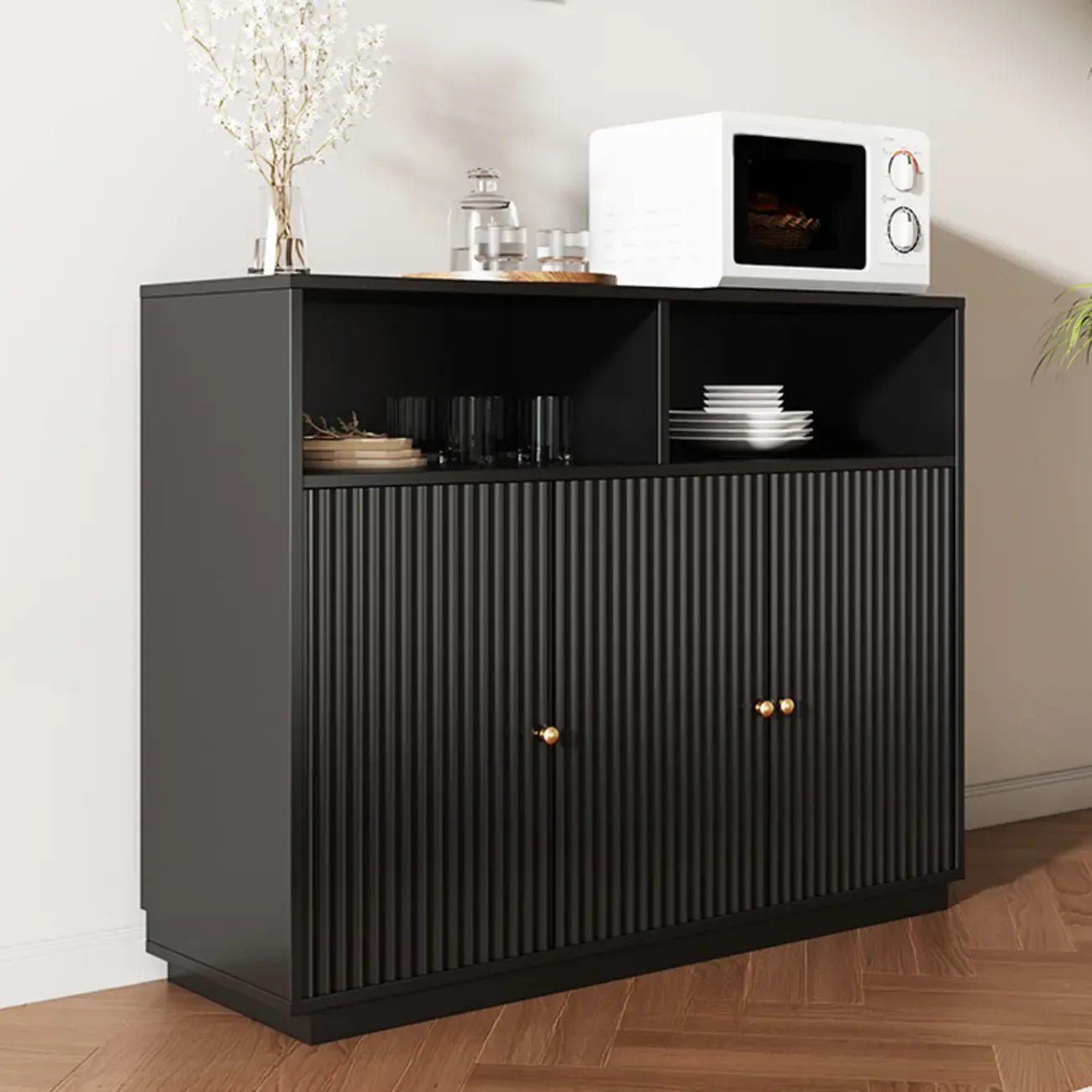 Buffet en bois noir minuit avec portes vitrées