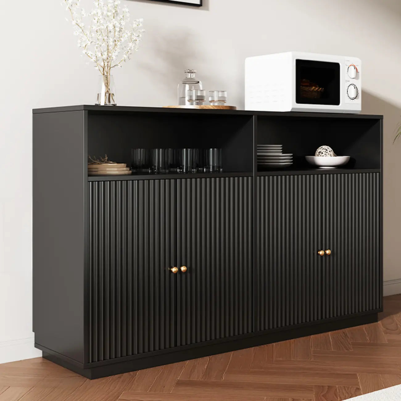 Buffet en bois noir minuit avec portes vitrées