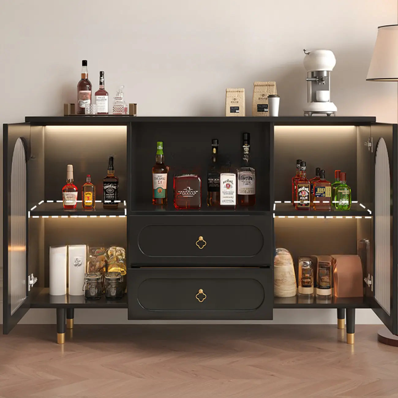 Buffet en bois d'ingénierie noir glamour avec tiroirs
