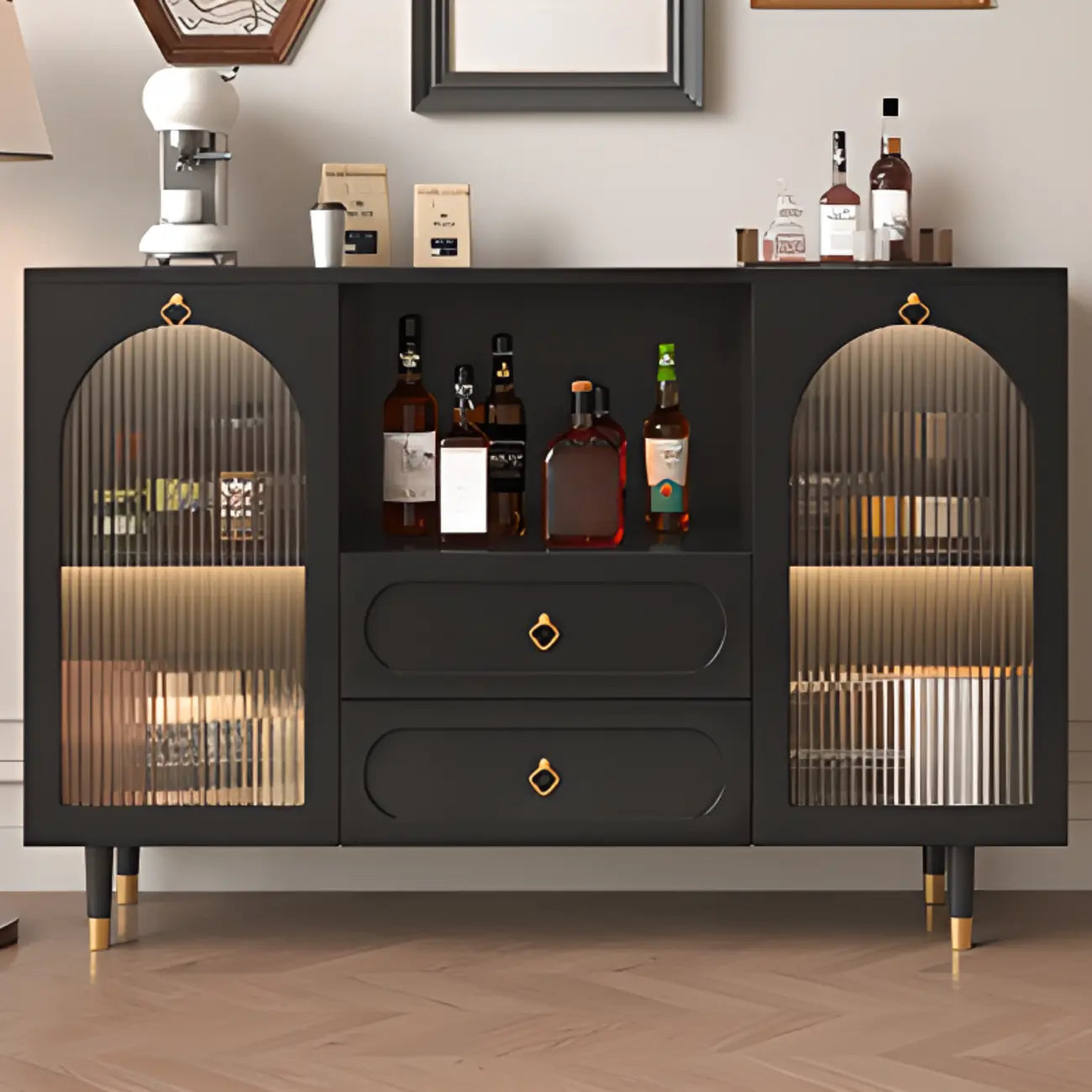 Buffet en bois d'ingénierie noir glamour avec tiroirs