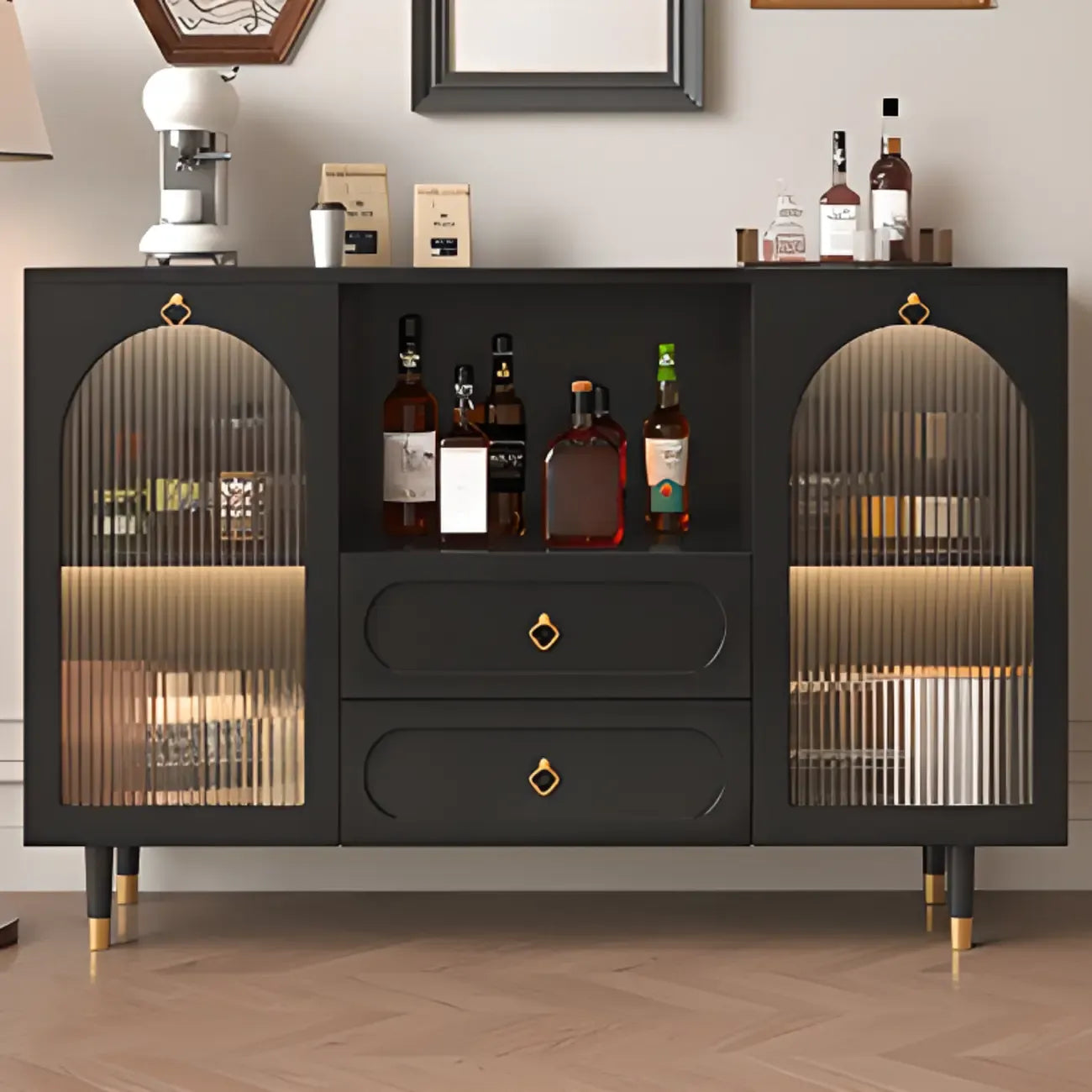 Buffet en bois d'ingénierie noir glamour avec tiroirs