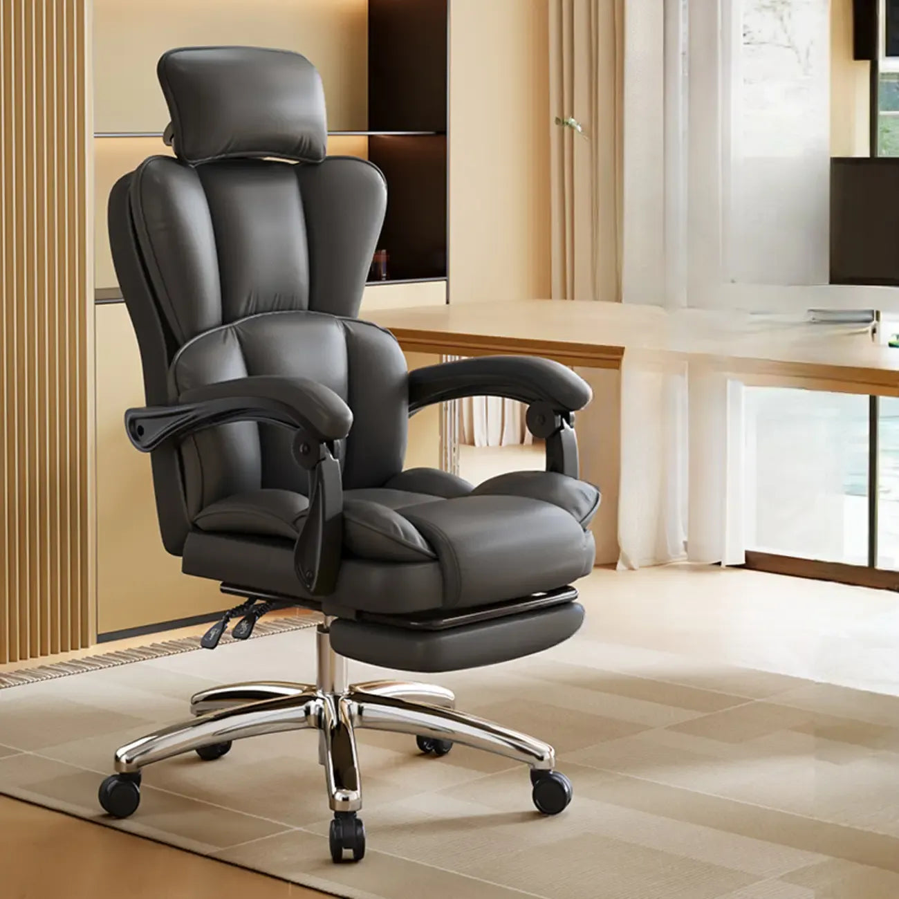 Fauteuil de bureau inclinable réglable en cuir kaki moderne