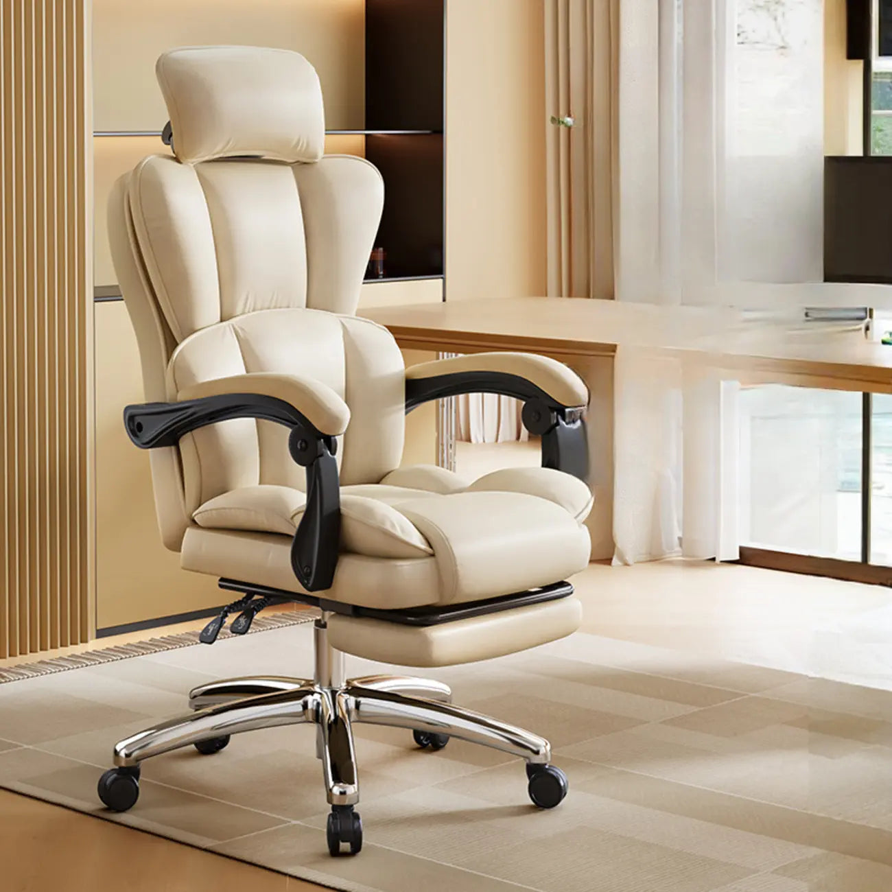Fauteuil de bureau inclinable réglable en cuir kaki moderne