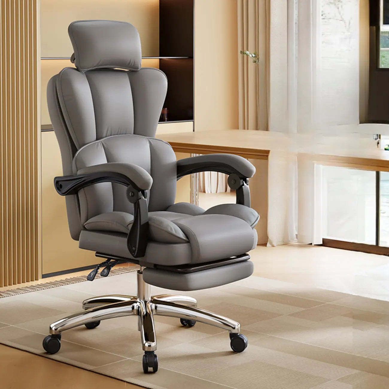 Fauteuil de bureau inclinable réglable en cuir kaki moderne