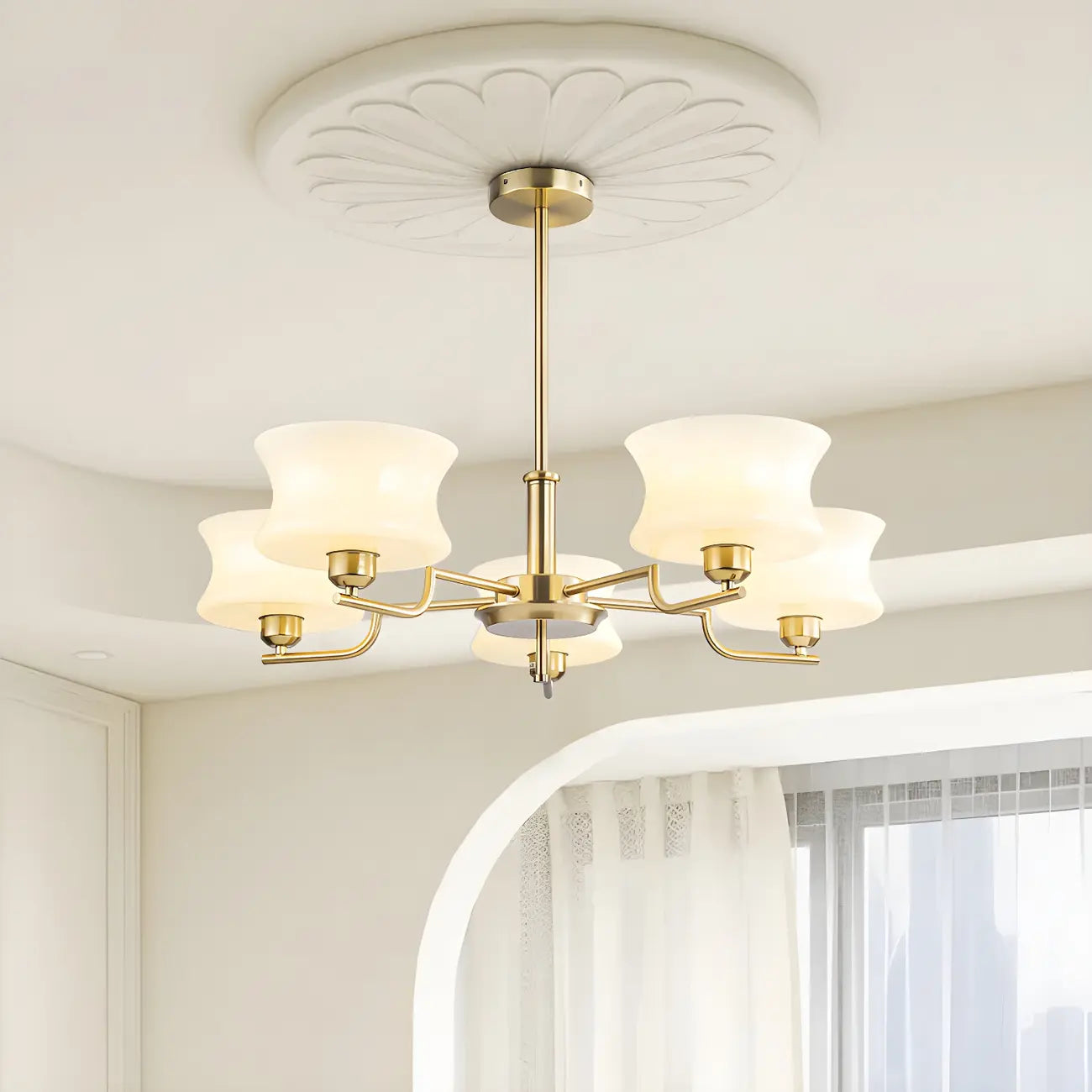 Lustre moderne et élégant à 3-5 lumières en verre beige, grand modèle