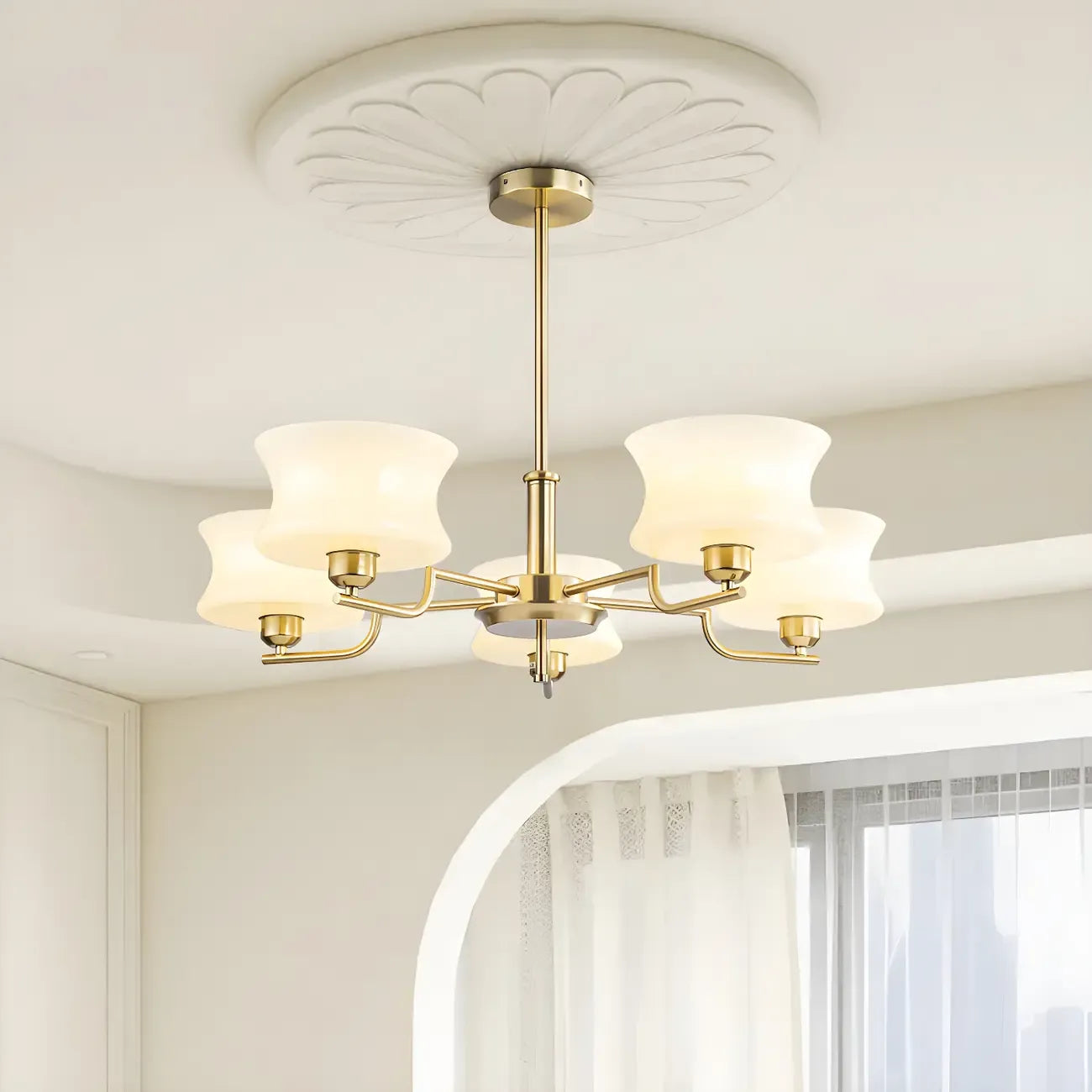 Lustre moderne et élégant à 3-5 lumières en verre beige, grand modèle