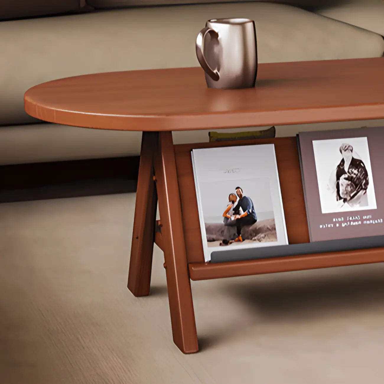 Table basse ovale classique en bois avec étagère inclinable