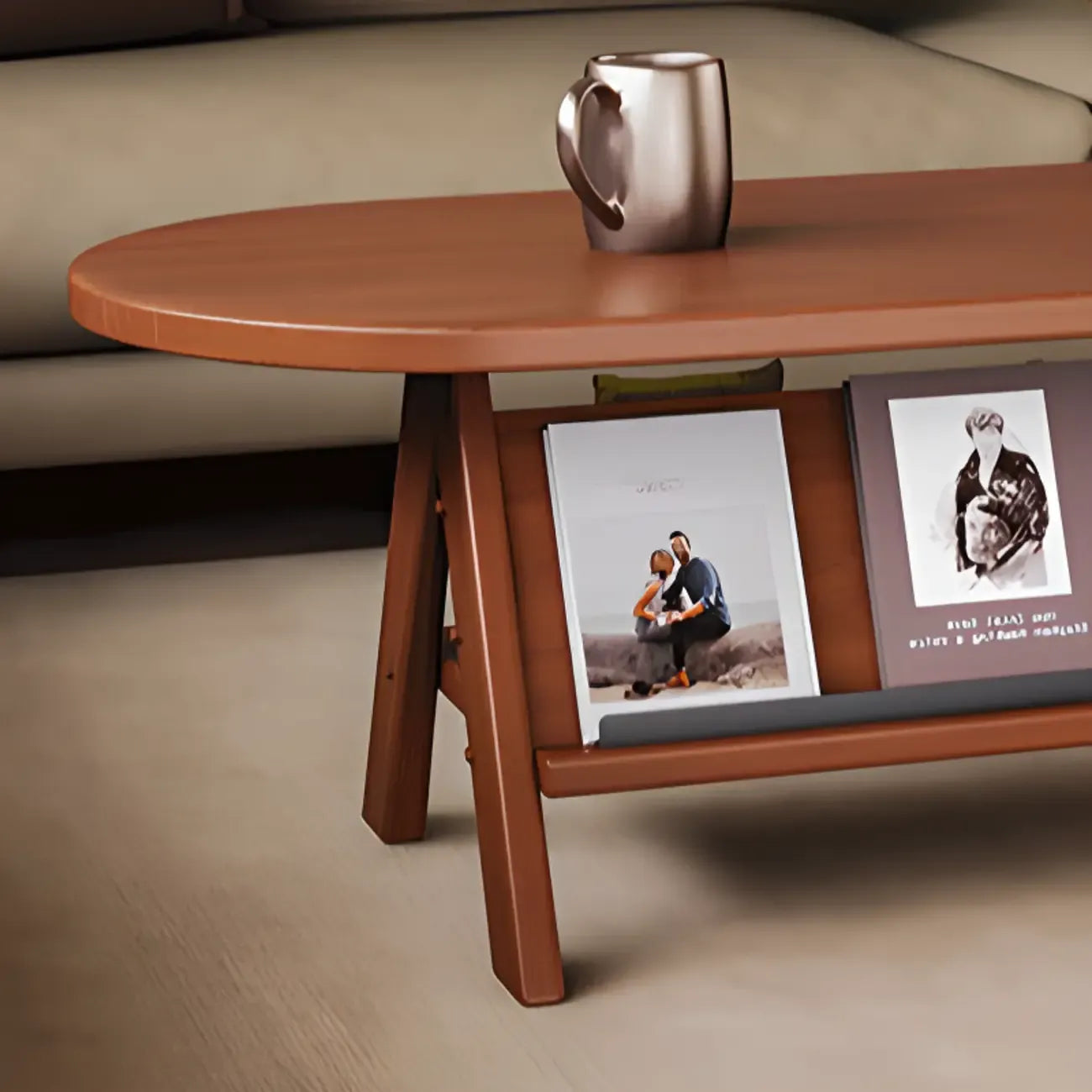 Table basse ovale classique en bois avec étagère inclinable