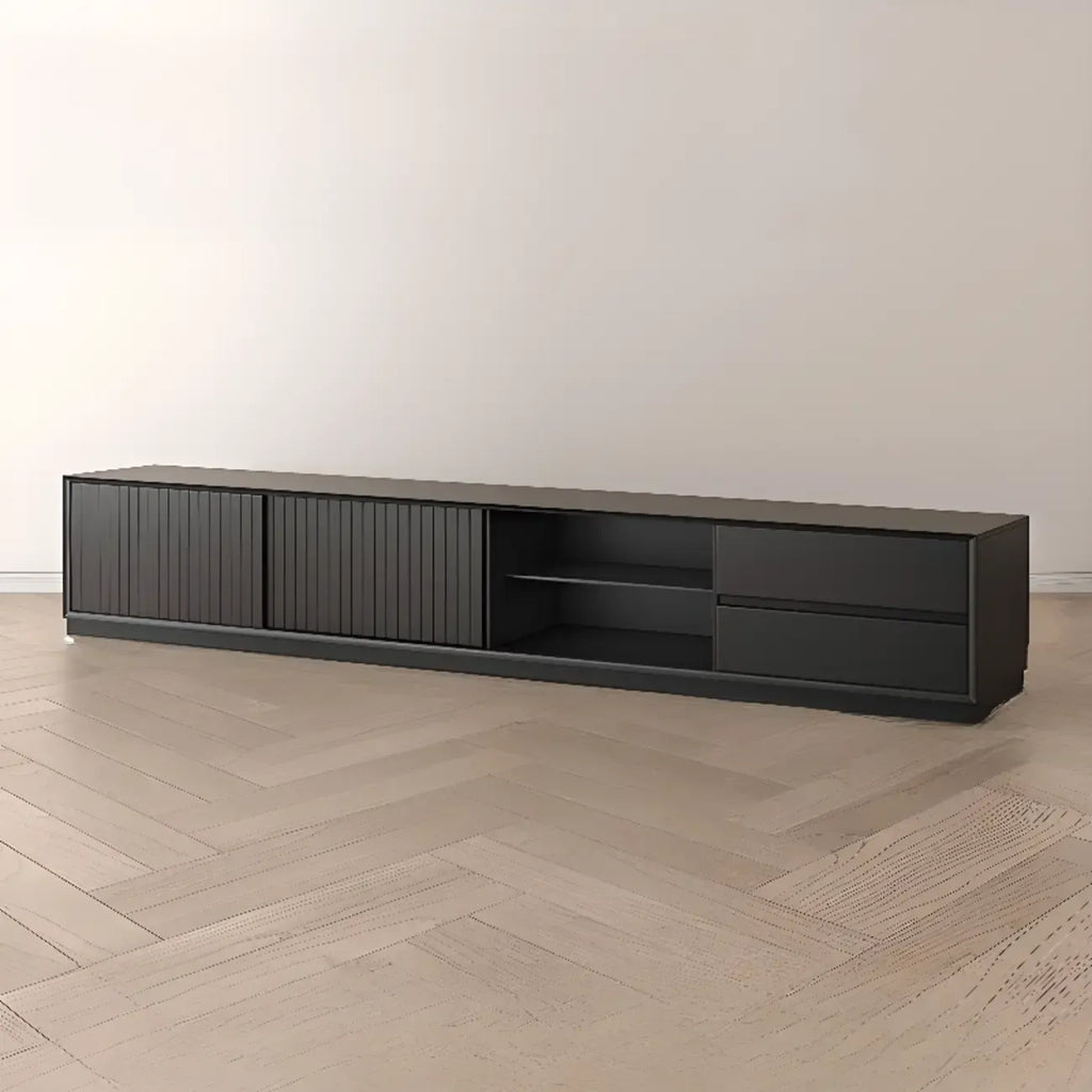 Meuble TV en bois noir de 79 pouces avec rangement ouvert et portes coulissantes