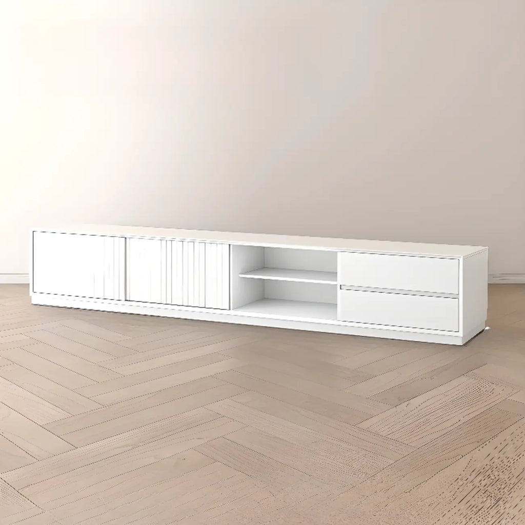 Meuble TV en bois noir de 79 pouces avec rangement ouvert et portes coulissantes